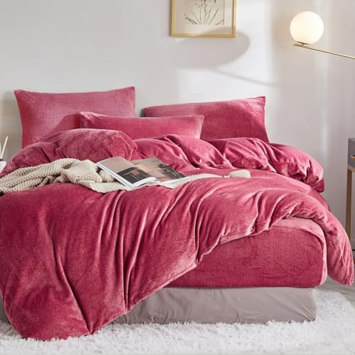 Warme Kuschel Bettwäsche 200x200 Winter Flauschig Plüsch Cashmere Touch Microfaser Fleece Decke Winterbettwäsche Samt Frottee Thermo Bettwäsche Set Rot 200 x 200 Bettdecke Set mit Reißverschluss