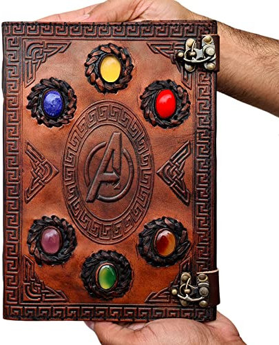 Marvel Notizbuch Avengers Infinity Stone Gauntlet Geprägtes Vintage Leder Journal Schreibtagebuch Avengers Sign Book of Shadows Thanos Hauntlet Celtic Blank Notebook Rezeptbuch 25,4 x 17,8 cm