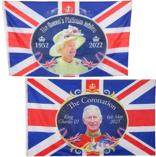 Toyland® Pack de 2-5ft X 3ft (150cm X 91cm) Drapeaux Souvenirs de la Famille Royale - Drapeau du Jubilé de Platine de la Reine Elizabeth II et Drapeau du Couronnement du Roi Charles III