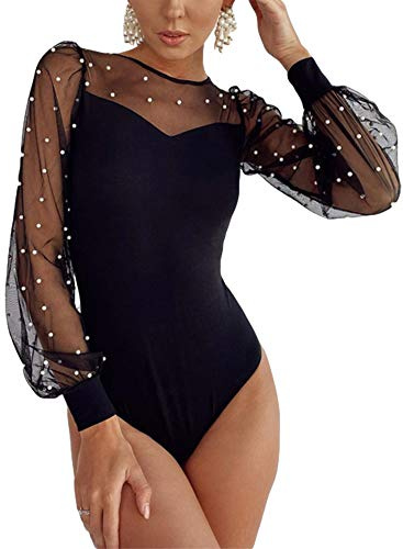 YILEEGOO Women's Pearl Sheer Mesh Puff Long Sleeve Bodysuits Rhinestone See Through Romper Leotard Tops Blouses