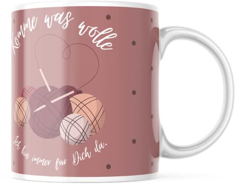 Tasse mit Komme was wolle, ich bin immer für dich da - Wolle Motiv, 330 Milliliter Kapazität, Spülmaschinenfest und Mikrowellensicher, lustiges Geschenk für Familie, Partner und Freunde