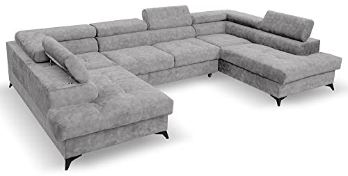 Margaret Hadas24 Ecksofa U Form Palermo Schlaffunktion Bettkasten 345x202 cm, Verstellbare Kopfstützen Sofa XXL, 5 Sitzer Schlafsofa Schlafcouch big Sofa Bettsofa Wohnlanschaft Bettzeugablage hellgrau