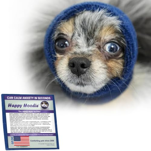 Happy Hoodie Le bandeau apaisant originale pour chien et chat, soulagement de l'anxiété/protection contre le bruit, tonnerre, feux d’artifice/toilettage (taille XS, bleu)