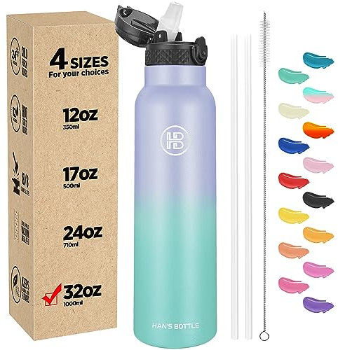 Han's Bottle Sports Water Bottle - 32 Oz, Straw Lid, Leak Proof, Vacuum Insulated Stainless Steel, Double Walled, Thermo Mug,Lilac green