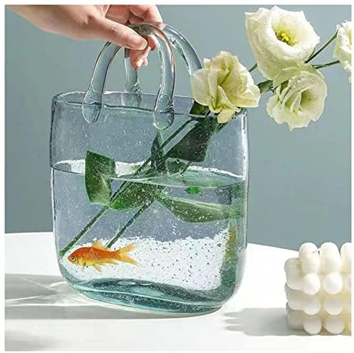 Florero De Vidrio para Bolso, con Asa Jarron Forma De Bolso JarróN Cristal, para Cocina, Sala De Estar De Oficina,Style1-Blue