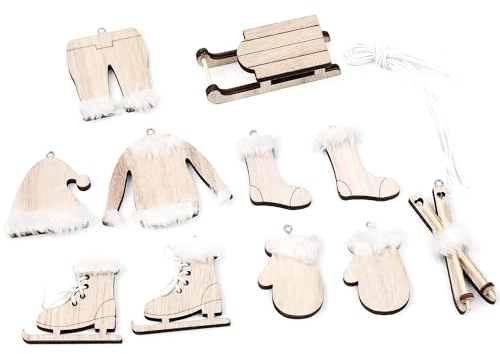 Oblique Unique® Deko Holz Anhänger Set für Weihnachten aus Echtholz Natur Hängedeko Mini Tisch Dekoration Weihnachten Baumschmuck Kinder Basteln