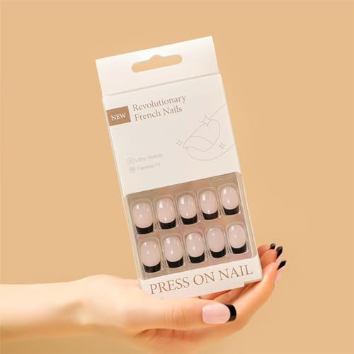 30pcs Medium Square False Nails French Tip Stick on Nails Black Edge Press on Nails Removable Glue-on Nails Full Cover Ballerina Fake Nails Women Brides Nail Art Accessories (Nude/Black Edge)