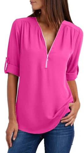 ZIOOER Chemise en Mousseline de Soie élégant Zip Chemise à Manches Longues Chemise Tunique Shirt col V Tops Rose Rouge 2XL