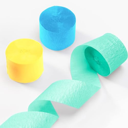 ZYOOO 6 Rollen KreppPapier Streamer, 25m hängende Kreppband Seidenpapier für Mint/Sommer Party, Geburtstag, Baby Dusche, Taufe Dekorationen (grün, blau, gelb)