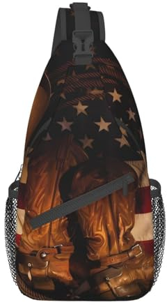 Bandiera americana con stivali da cowboy unisex zaino regolabile inclinato borsa toracica per viaggi all'aperto equitazione arrampicata campeggio, Nero , Taglia unica