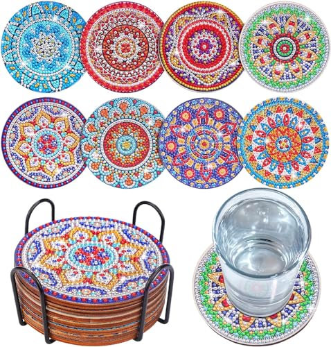 Diamond Painting Dessous de Verre, Frundoo 8 Pièces sous-Verres Art de Diamant avec Support Mandala Tapis de Tasse Mandala en Bois pour Tasses Créatifs Adultes DIY
