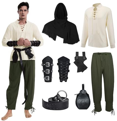Mittelalter Herren Renaissance Kostüm Set, Viking Kostüm Schnürhemd Herren Hose mit Zubehör, Halloween-Kostüm für Cosplay, Zauberer, Maskerade (Grüne Hose, 3XL)