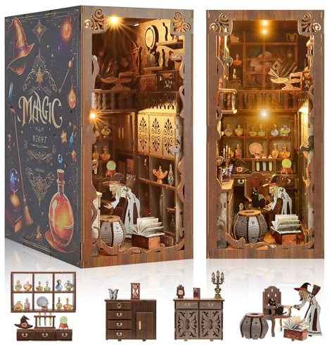 Book Nook Kit - Puppenhaus Bausatz mit LED-Beleuchtung, Magische Nacht Thema Buch Nook Kits, 3D Holz Bücherregal Puzzle Booknook einfügen Dekor Handwerk für Erwachsene Teenager Geschenke