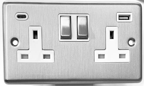 SATIN MATT CLASSIC USB (WITH TYPE C FASTCHARGE PORT) DP SOCKET 2 GANG WITH WHITE INSERT METAL ROCKER SWITCH