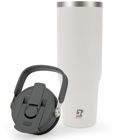 Riley Joy 2.0 Stainless Steel Tumbler 32 oz with Handle and Straw - 100% Leak Proof Insulated Water Bottle - Easy to Carry Travel Mug - Dishwasher Safe - Car Coffee Cup - White