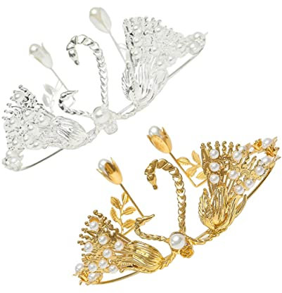 SHOWERORO 2 Pièces Accessoires De Décoration De Gâteaux Broche En Peluche Couronne De Perles Garniture D'or Coiffe De Perles Décor De Mariage D'or Décorations De Mariage Pour La Cérémonie