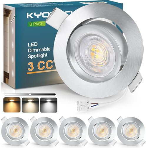 KYOTECH LED Einbaustrahler 230V Dimmbar 68-75mm, 5W LED Spot Ultra Flach 550LM, 3000K/4000K/6500K Deckenspots, 45° Schwenkbar Einbauleuchten, IP44 Einbauspots für Badezimmer, Alu Gebürstet 6er Set