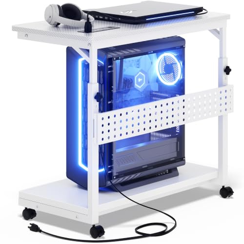 Besiost White Computer Tower Stand with Outlets, PC Tower Stand for Floor | 4 Levels Manual Height Adjustable PC Stand for Carpet Under Desk, Rolling Computer Cart with Wheels, 24 Carbon Fiber White