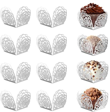 Chocolate Truffle Wrappers, 50Pcs Mini Hollow Silver Foil Rose Candy Cups, Flower Cupcakes Muffin Case Packing Separating Trays, Baking Paper Liners for Wedding Birthday Party