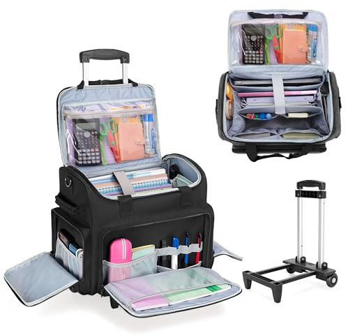 CURMIO Teacher Bag on Wheels with Scalable File Organizer, Rolling Teacher Tote Bag Fits for 15.6” Laptop, Teaching, Craft or Medical Supplies, Black (Patent Design)