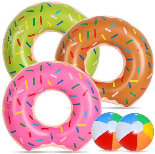 Chennyfun 5 Stück Aufblasbare Schwimmringe, Aufblasbar Donut Schwimmring Braun Rosa Grün Ø 90 cm, Kinder Luftmatratze Schwimmhilfe Wasserspielzeug für Pool Strand für Erwachsene & Kinder