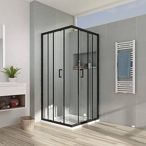 EMKE Duschkabine 90x90 cm Eckeinstieg mit Doppel Schiebetür Schwarz, Duschtür 190 cm Höhe, 5 mm Sicherheitsglas mit Nano-Beschichtung, Duschabtrennung für Ecke, Platzsparende Duschwand