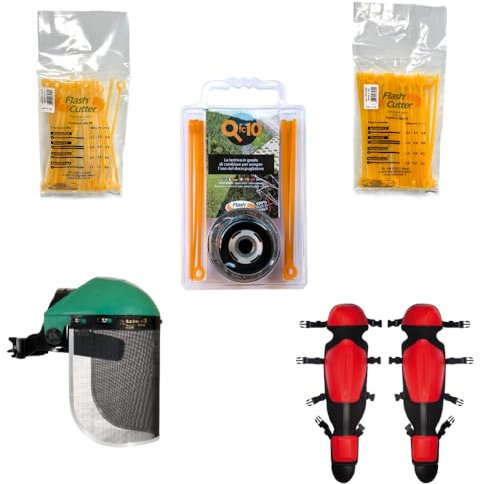 Kit FlashCutter para desbrozadora compuesto por: cabezal universal QFC10, láminas de repuesto, patas protectoras y visera profesional