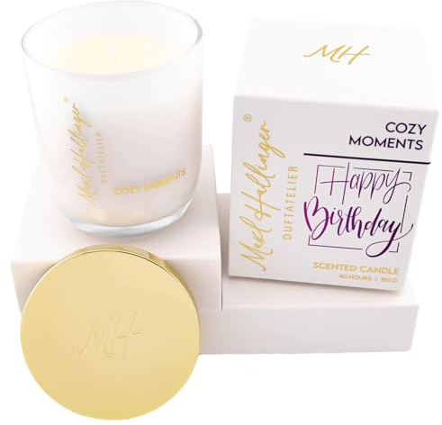 Hallingers Genuss Manufaktur Duftkerze Geburtstagsgeschenk - 40h Raumduft Sojawachs-Kerze im Glas Maxl Hallinger in Geschenkbox Happy Birthday ... Cozy Moments, Geschenke für Frauen Freundin