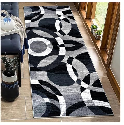 Läufer Teppich Flur Lang rutschfest Waschbar Küchenteppich 90x150cm Modern Schwarz Grau Meterware Schlafzimmer Korridor Teppichläufer für Küche, Eingang, Wohnzimmer, Anpassbare Größe 40-120cm Breit