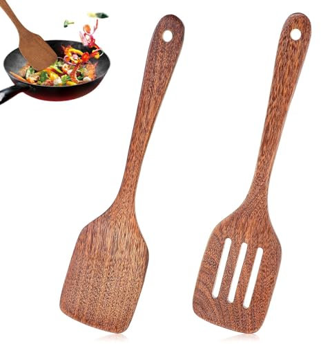 Wooden Spatula - 2Pcs 12 Inch Wooden Spatula for Cooking, Solid Turner & Slotted Spatulas Set for Nonstick Pans, Ideal Cookware Utensils for Cooking Eggs, Fish, Pancakes