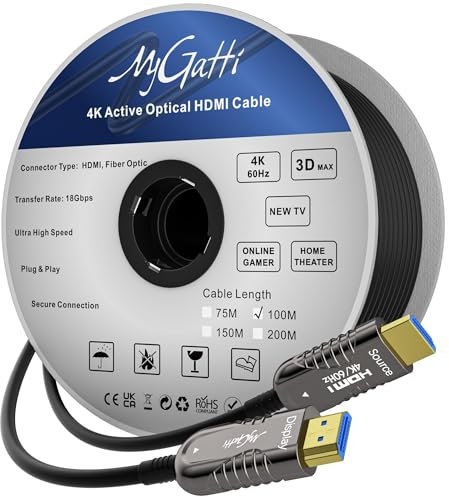 Mygatti Cable de fibra óptica 4K HDMI 100 metros, cable óptico HDMI 2.0,4 K @ 60 Hz 18 Gbps de alta velocidad UHD fibra óptica AOC, 4:4:4 RGB, carcasa de aleación de zinc, diámetro exterior: 4,8 mm