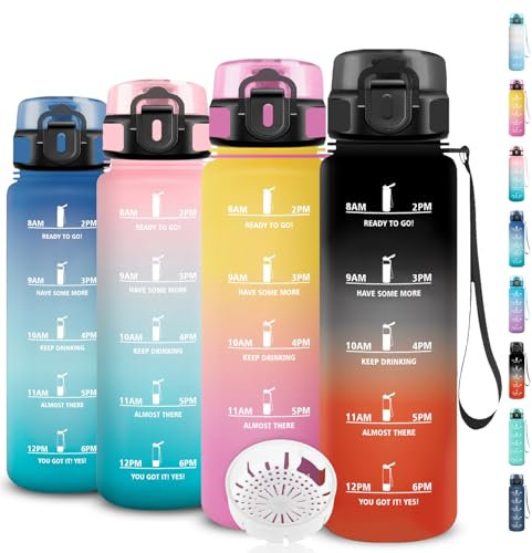 Botella Agua, Botella de Agua 1l con Filtro, Cantimplora Infantil a Prueba de Fugas, Fácil de Transportar, Cantimplora Reutilizable con Eslogan Motivacional, para la Escuela, Camping, Senderismo