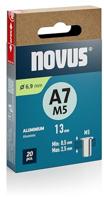 NOVUS TOOLS Aluminium-Blindnietmuttern Ø 6,9 mm, M5 Gewinde, 13 mm Länge, 20 Nietmuttern, 0,5-2,5 mm Klemmlänge, ideal für Befestigungen in Nichteisen Metall, Kunststoff und Leichtbaumaterial