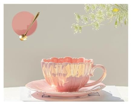 Trohollis Tea Cup,Cups and Saucers Set Pearl Petal Ceramic Cup Coffee Cup and Saucer Afternoon Tea Red, White & Blue Coffee Mug Milk Tea Cups Mugs Teacup Drinkware(Pink)