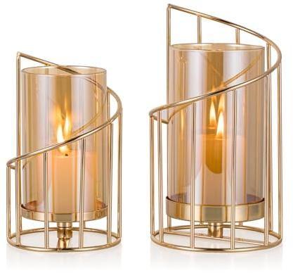 Staymoment Kerzenständer Gold Hochzeit Deko: 2er Set Kerzenhalter Metall Windlicht Outdoor Tischdeko Wohnzimmer Garten Vintage Dekoration Hochzeitsdeko Windlichter Draußen und Drinnen Partys Hochzeit
