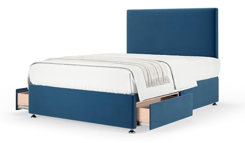 Bedmaster Plush Velvet Divan Base With Storage And Plain Headboard - Colour And Size Options (Blue 2 Drawer, King (U.K. Standard))