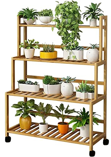 Pflanzenständer aus Bambus mit Rädern - Etagenregal für Töpfe - Indoor/Outdoor Pflanzenhalter - Stabiles mehrstufiges Display für Pflanzen und Blumen