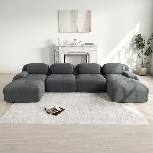 A ALFRESCOOL Modulares 4 Sitzer Sofa aus Cordstoff, Ecksofa, Boneless Couch mit 2 Ottomane, Compressed Sofa, Ohne Montage & Rutschfester Unterseite, frei Kombinierbar, 388×178×75cm (Grau)