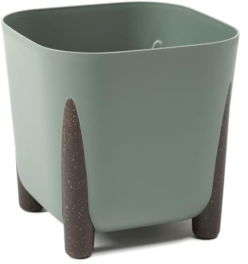 Planter with Water Drain Width 21 cm, 6 L - Modern Flower Pot with Stylish Feet - Plastic Plant Pot for Indoor & Outdoor Use, Green