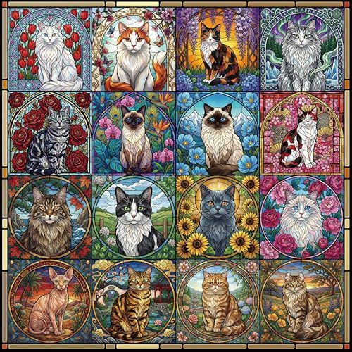 Katzen Puzzle 1000 Teile Erwachsene Tiere Katze, Bunte Blumen Katze 1000 Puzzle Erwachsene 1000 Teile, Buntglas Katzenpuzzle Klassische Puzzles als Geschenk und Decor (60 x 60 cm)