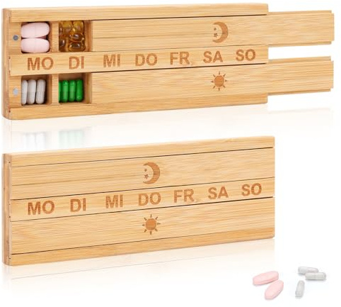 Pilulier rectangulaire en bambou - 7 jours - Pour 7 jours - Matin et soir - Avec aimants - 14 jours - 2 compartiments - Avec couvercle pour vitamines et compléments alimentaires