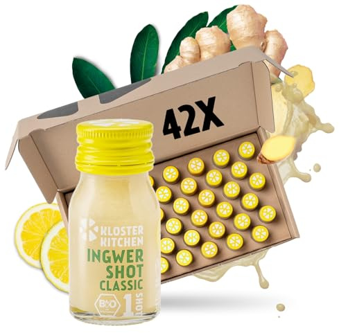 Kloster Kitchen Bio Saftkur Alternative Classic | 42x30ml | 6 Wochen | Vegan, mit echten Ingwerstückchen, süß-scharf, ohne Zusatzstoffe, natürliche Süße