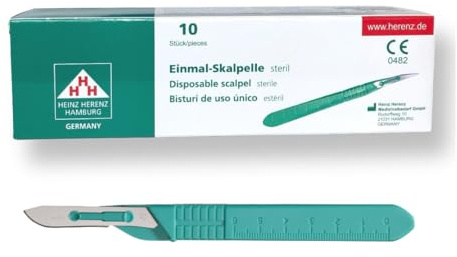 Einmal-Skalpell Nr. 21 – 10 Stück in einer Packung - Steril, rostfreie Stahlklinge, Kunststoffgriff, einzeln verpackt – Medizinischer Einweg-Operationsbesteck | Heinz Herenz Medizinalbedarf
