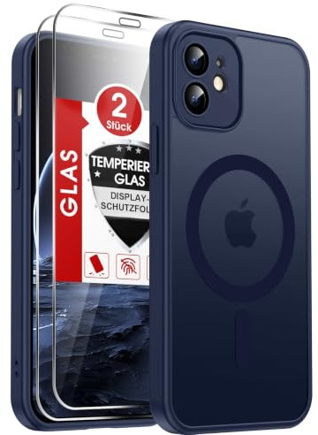 LeYi Handyhülle für iPhone 12 Hülle für Magsafe mit 2X Panzerglas-Blau | Ultra Dünn Magnetisch Schutzhülle Schutzglas Matt Transluzent Stoßfest Case Cover für i Phone12 iphon12