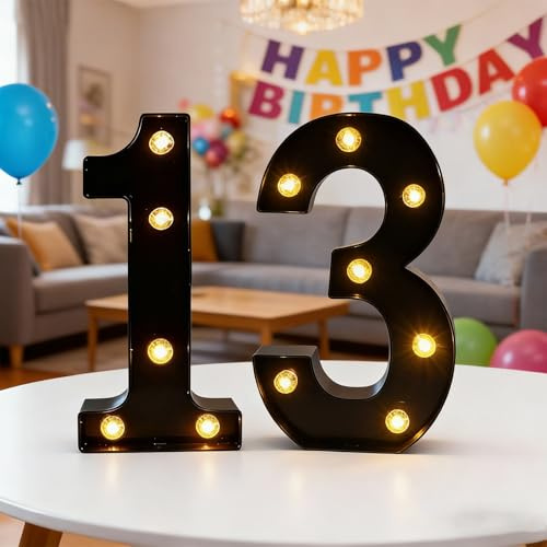 LED Light Up Numbers, Marquee Numbers Lights for 13th Birthday Decorations | 8.5inch Warm LED Number Light, Black Light Up Number Sign for 13th Birthday Wedding Anniversary Table Wall Party Decor