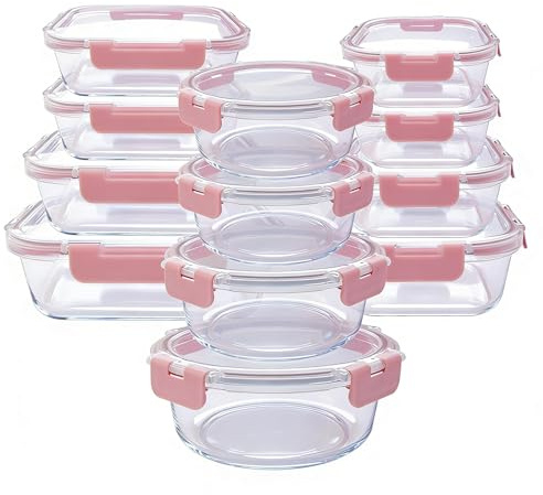 Furnestorica Glas-Frischhaltedosen Set, 24 Teile (12 Behälter, 12 Deckel), Glasbehälter mit Deckel, Frischhaltedosen Glas, Auslaufsicher, BPA-frei, Mikrowellen, Lebensmittelbehälter, Rosa