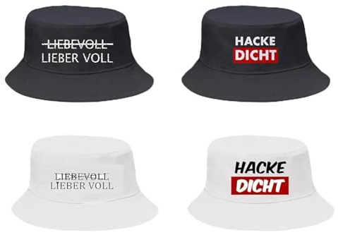 KAMACA 4er Set Fischerhut Partyhut mit Spruch – Bucket Hat – Lustige Partyhüte für Festival, Mallorca Urlaub, JGA, Strand & Sommerparty – Einheitsgröße Unisex