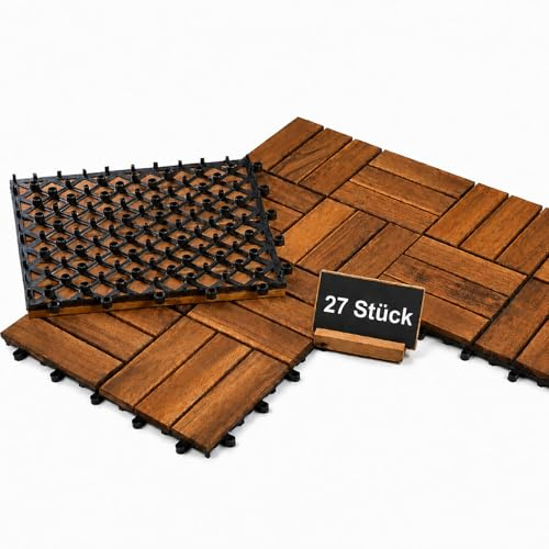 BURI Holzfliesen 30x30 cm Akazienholz Klickfliesen wetterfest UV-beständig für Balkon Terrasse Garten, Holz Bodenbelag außen innen, Steckfliesen Mosaik 12 Latten (27 Stück = 2,43m²)