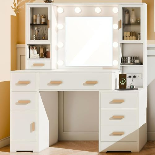 AISALL Tocador con Espejo y Luces, Mesa de Maquillaje Grande de 124 cm con 7 Cajones y 3 Armarios, Tocador con Enchufe Integrado y Puertos USB, Tocador Dormitorio, Blanco