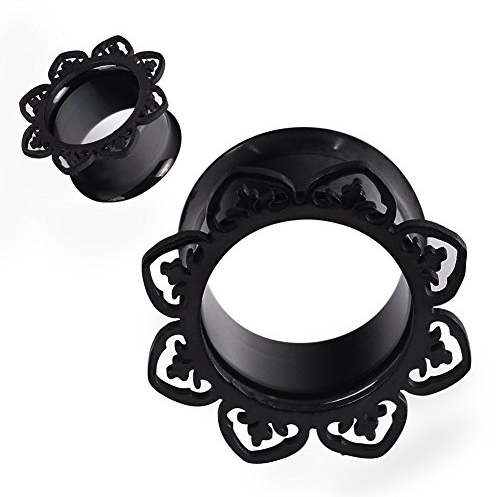 Longbeuaty 2 PC Edelstahl Hollow Flesh Tunnel Plugs Schwarz 10mm Blume